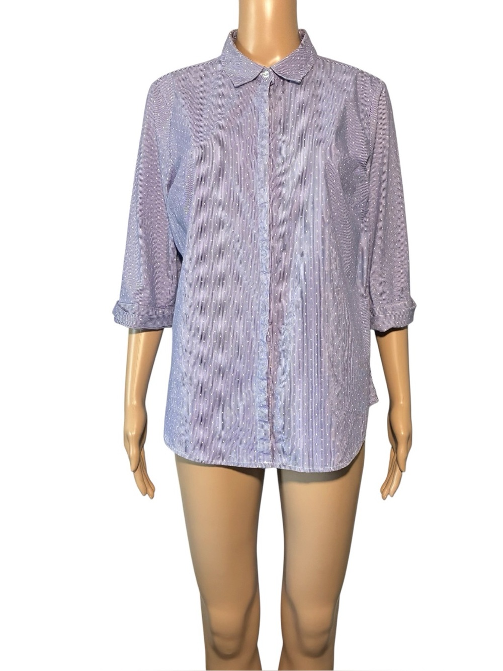 Liz Claiborne Career Women's Button Down Shirt L Polka Dot Cotton 3/4 Sleeve